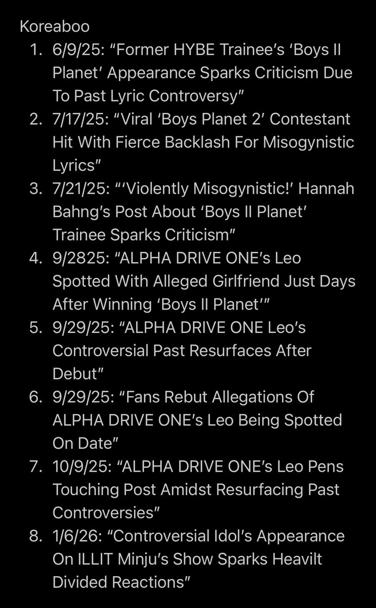 <a href="/wakeone_offcl/">WAKEONE 웨이크원</a> <a href="/ALD1_official/">ALPHA DRIVE ONE</a> from 6/9/25-1/6/26 TWELVE slanderous articles have been written about leo across two news platforms, pannchoa &amp; koreaboo. you have done absolutely NOTHING to get these articles taken down, despite several including completely false rumors about leo +