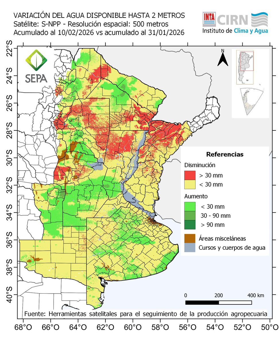 JorgeLMercau's tweet image. #SEPA 10 feb
#Recarga 
Despareja😧en franja central.
Transpira el Norte💪

#Confort
MAL: Sur ER, Dep. Salado (sin Napa), Sur BA.
Bien el Norte y heterogéneo el Oeste y centro

#Agua2m % y mm: estaría bien al Norte, mal al Sur y al oeste!  
🤞🌧️🌧️