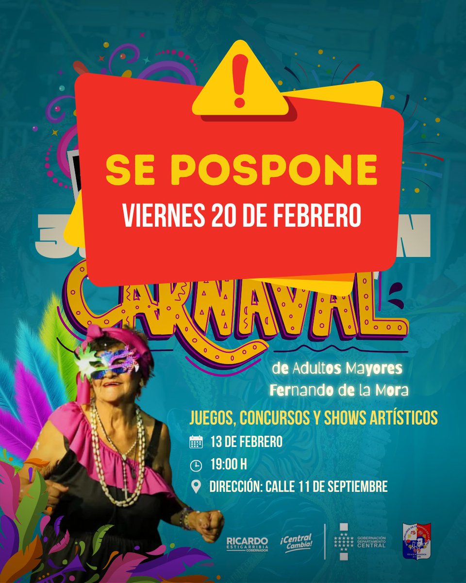 ⚠️ Por inclemencias del tiempo, el Carnaval de Adultos Mayores queda pospuesto.

Nos reencontramos el próximo viernes 20 de febrero para celebrar juntos.