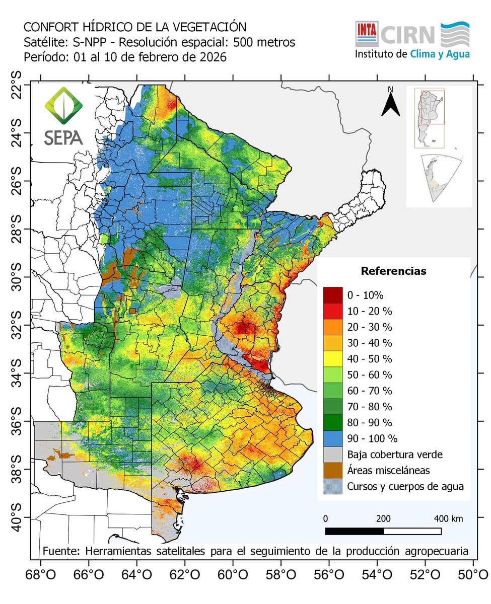 JorgeLMercau's tweet image. #SEPA 10 feb
#Recarga 
Despareja😧en franja central.
Transpira el Norte💪

#Confort
MAL: Sur ER, Dep. Salado (sin Napa), Sur BA.
Bien el Norte y heterogéneo el Oeste y centro

#Agua2m % y mm: estaría bien al Norte, mal al Sur y al oeste!  
🤞🌧️🌧️
