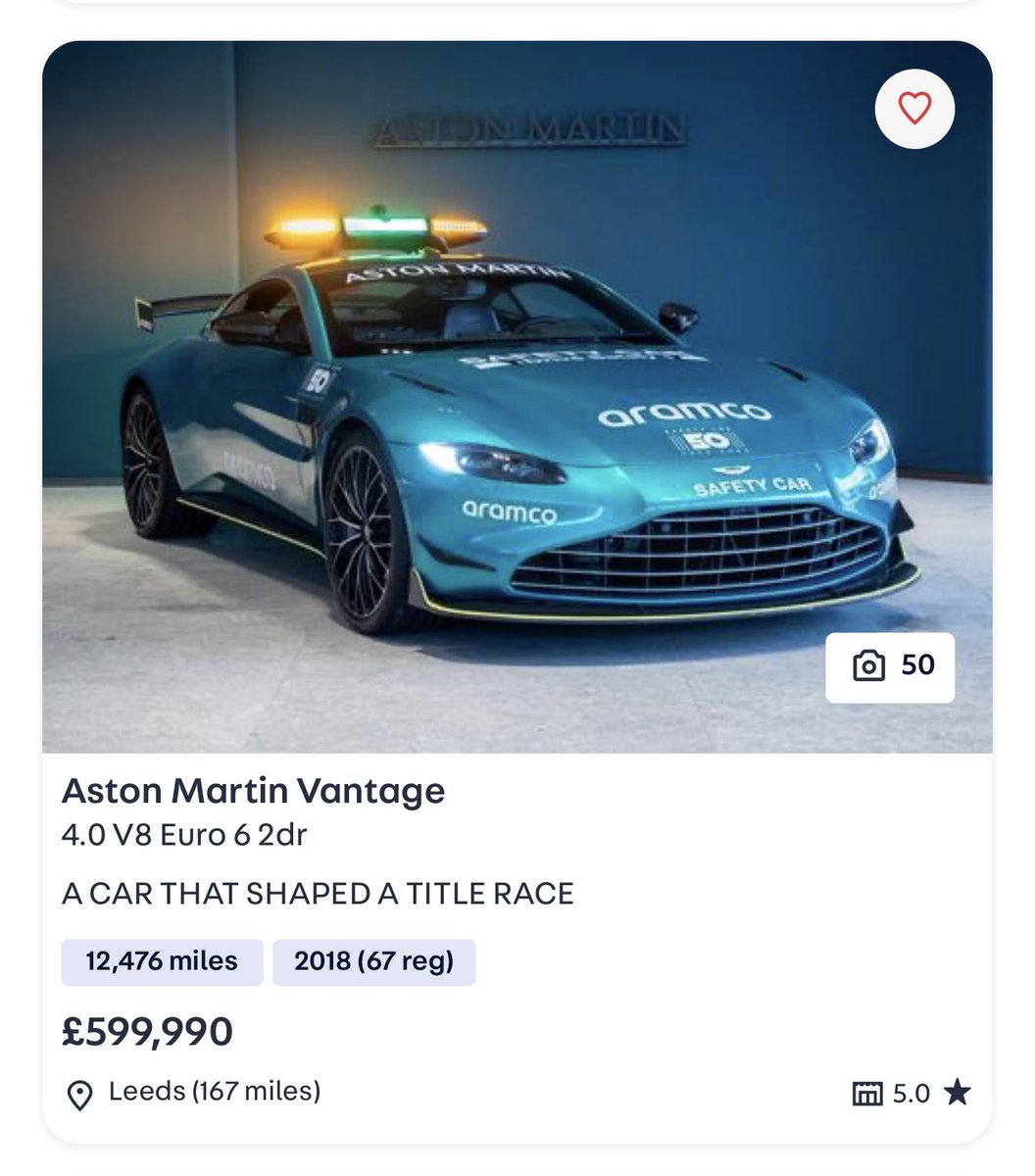 EamonMonaghanP1's tweet photo. Well this is interesting. The former @astonmartin F1 Safety Car from 2021-2023 is up for sale on Autotrader UK.

https://t.co/oRBV9lrB33

#f1 #astonmartin #safetycar https://t.co/6FFkLgu0Lg