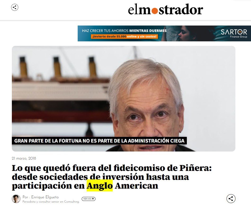 El santo del lago ranco siempre estuvo metido en el negocio minero. Negoció acciones de Angloamerican en el punto crítico cuando Codelco perdió AAS. En ese mismo período cerró la planta de Oro y Plata de Codelco Ventanas, para entregar toda esa riqueza a TNs de Bélgica y Japón..