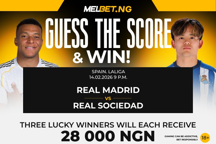 MelbetNigeria's tweet photo. 🎉 #GuessTheScore
👉 Follow MelbetNigeria
👉 Comment correct score + player ID
❗️ Only verified users. Predictions close at kickoff!
T&C at https://t.co/3c13fP4KTZ ➡️Promotions
#laliga #realmadrid #realsociedad #WinBonus #FreeBonus #GetBonus #MelbetFreeBonus https://t.co/IYCizK9HnP