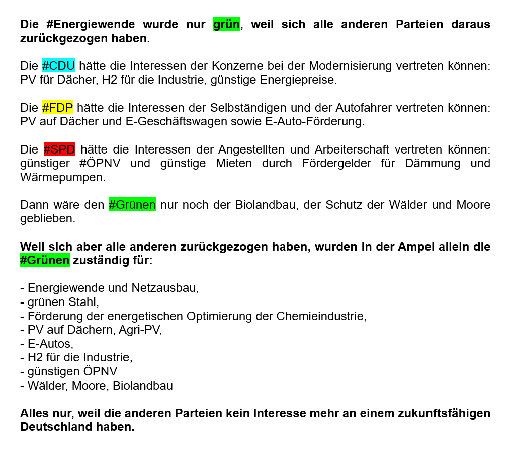 Warum sich nur noch die Grünen um den Klimaschutz und um ein fortschrittliches Deutschland mit guter moderner Technik und global attraktiven Produkten kümmern: 

Alle anderen Parteien haben sich aus dem Fortschritt abgemeldet, obwohl nur Fortschritt Wohlstand bringt.