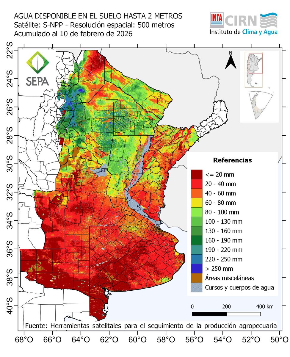 JorgeLMercau's tweet image. #SEPA 10 feb
#Recarga 
Despareja😧en franja central.
Transpira el Norte💪

#Confort
MAL: Sur ER, Dep. Salado (sin Napa), Sur BA.
Bien el Norte y heterogéneo el Oeste y centro

#Agua2m % y mm: estaría bien al Norte, mal al Sur y al oeste!  
🤞🌧️🌧️