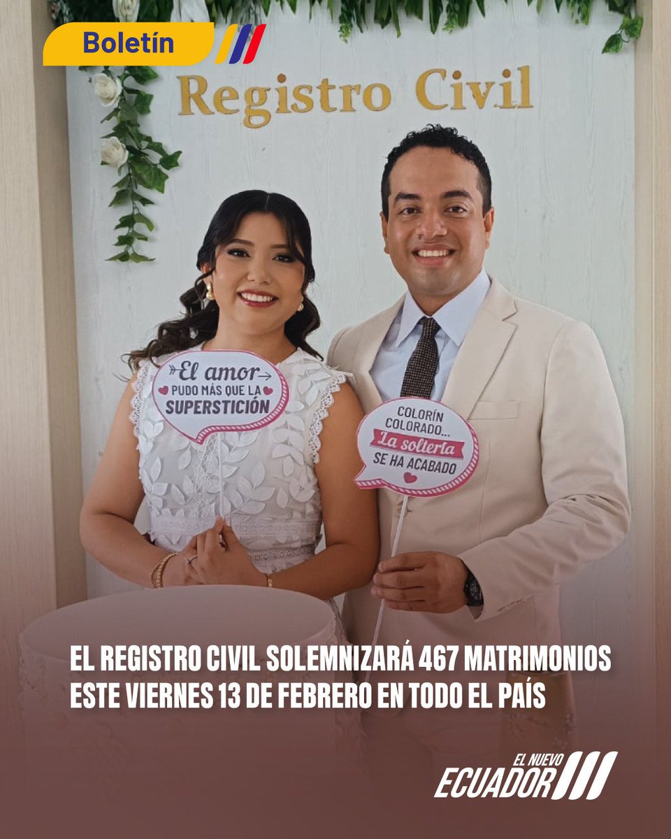 💍✨ Este viernes 13 de febrero, el Registro Civil solemnizará 467 matrimonios en agencias de todo el país.
Más aquí 👉 goo.su/QTLa1

No hay superstición que detenga un “Sí, acepto” y un #SíAlAmor. ❤️

#ElNuevoEcuador