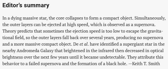 Black holes typically form when a massive star explodes as a #supernova. De et al. report a star that disappeared in the optical and slowly faded in the infrared. They infer it collapsed to form a black hole but no explosion - a failed supernova.
science.org/doi/10.1126/sc…