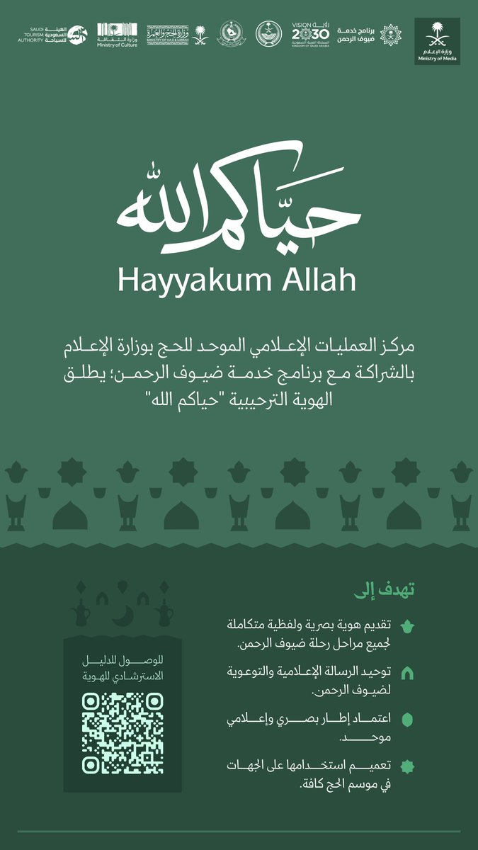 "حيّاكم الله"؛ هوية ترحيبية لضيوف الرحمن، أطلقها مركز العمليات الإعلامي الموحد للحج بوزارة الإعلام، بالشراكة مع برنامج خدمة ضيوف الرحمن، لتوحيد الرسائل الإعلامية والتوعوية.
