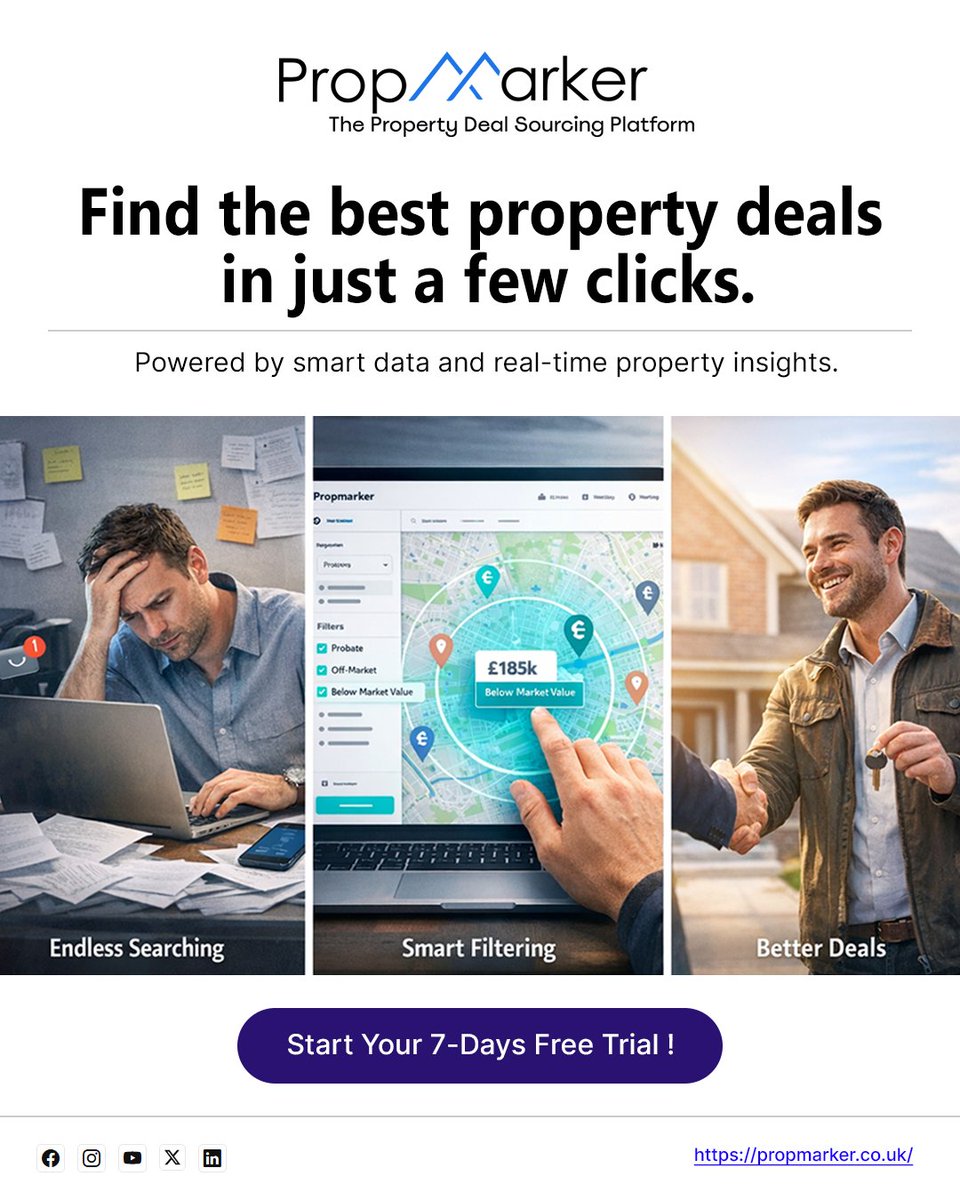 Prop_Marker's tweet photo. Finding profitable property deals should not feel like endless searching.

PropMarker gives investors real-time insights 📊, smart filtering tools ⚙️, and instant access to below-market value and probate opportunities 🏘️.

Stop wasting hours searching manually ⏳. 
Start identifying profitable deals in just a few clicks 🚀
Start your 7-day free trial- https://t.co/URbOlmwUZb
.
.
#BelowMarketDeals #PropertyDeals #RealEstateAISoftware #Propmarker #PropertyInvestors