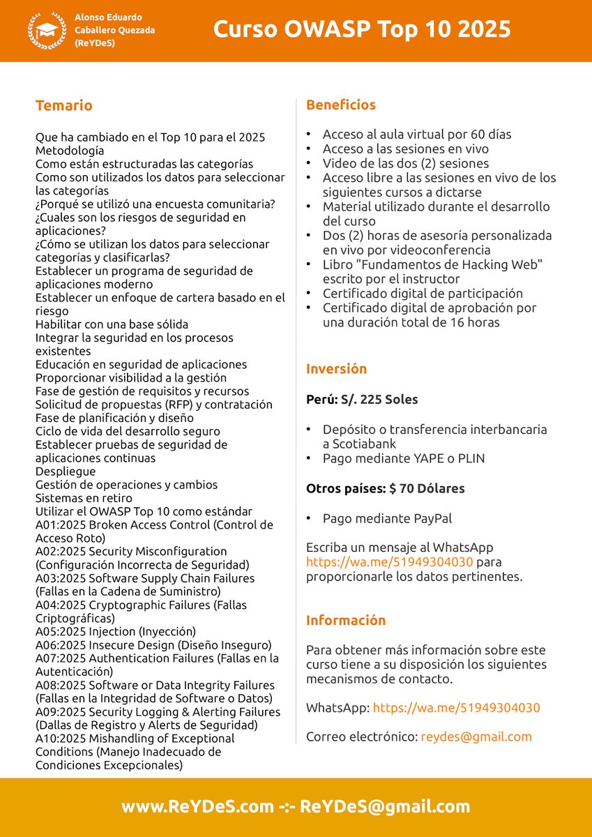 Alonso_ReYDeS's tweet image. 😃 Mañana sábado 14 de febrero iniciamos el Curso de OWASP Top 10. ➡️ Sábados 14 y 21 de Febrero 2026 De 9 am a 12 pm (UTC -05:00). 📲 WhatsApp: wa.me/51949304030 🌐 reydes.com/archivos/curso…

#cybersecurity #hackers #infosec #security #cyber #tech