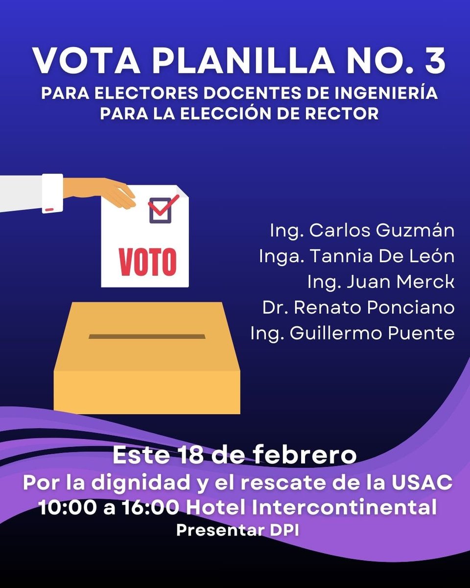 ¡Ya estamos inscritos! Estimad@s profesores titulares de la Facultad de Ingeniería, si quieren una opción de cambio, con vista al futuro y de rescate de la academia, ya tienen por quien votar.

¡Planilla 3!