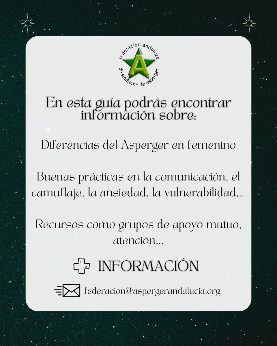 AsperAndalucia's tweet photo. 📣¡Presentamos nuestras publicaciones por la semana del #Asperger!
💜Guía 𝙈𝙪𝙟𝙚𝙧 𝘼𝙨𝙥𝙚𝙧𝙜𝙚𝙧,  𝙚𝙣𝙩𝙚𝙣𝙙𝙞𝙚𝙣𝙙𝙤 𝙖 𝙡𝙖 𝙢𝙪𝙟𝙚𝙧 𝙖𝙪𝙩𝙞𝙨𝙩𝙖.
 
 Colabora @IgualdadAND 

#Asperger  #18F  #DiaInternacionalAsperger  #DiscapacidadPsicosocial https://t.co/LhAl2pmGtt