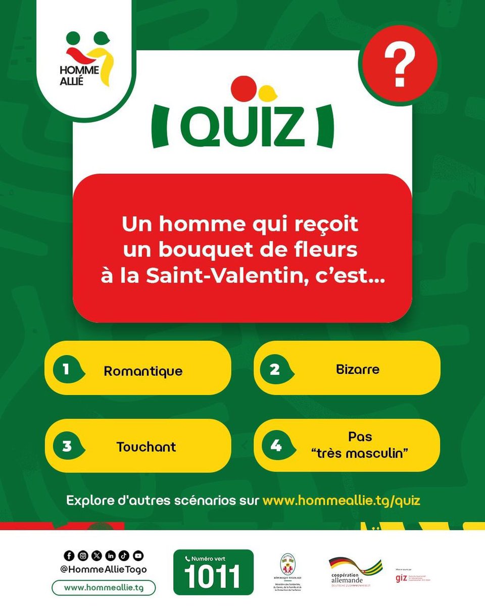 Si une femme prend l’initiative, est-ce une honte ou une preuve de courage ?

Et toi, tu trouves ça romantique ou bizarre ? Partage ton avis 👇🏾.

Retrouvez plus de scénarios sur hommeallie.tg/quiz

#MSGFPE #GIZ #HommeAlliée
#MasculinitéPositive #ProEmploi #Quizz