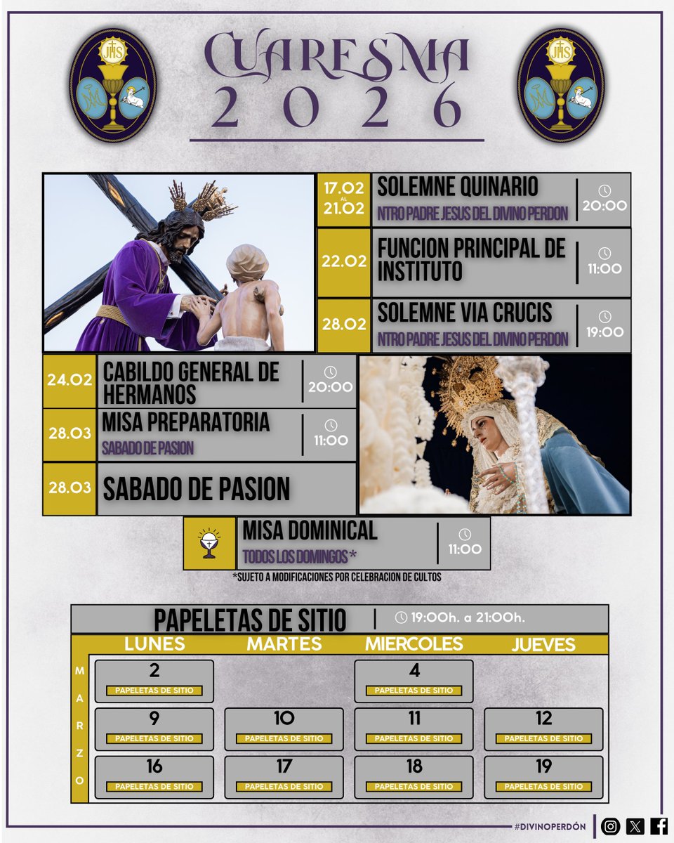 🟣⚫️ 𝐀𝐠𝐞𝐧𝐝𝐚 𝐂𝐮𝐚𝐫𝐞𝐬𝐦𝐚 𝟐𝟎𝟐𝟔 | ¿Quieres saber todos los actos y cultos que tendremos a lo largo de la Cuaresma?

📲 Guarden esta imagen en sus dispositivos
✅ Seguir nuestras RRSS
✅ Unirse a nuestro Canal de Whatsapp: whatsapp.com/channel/0029Vb…

#DivinoPerdón