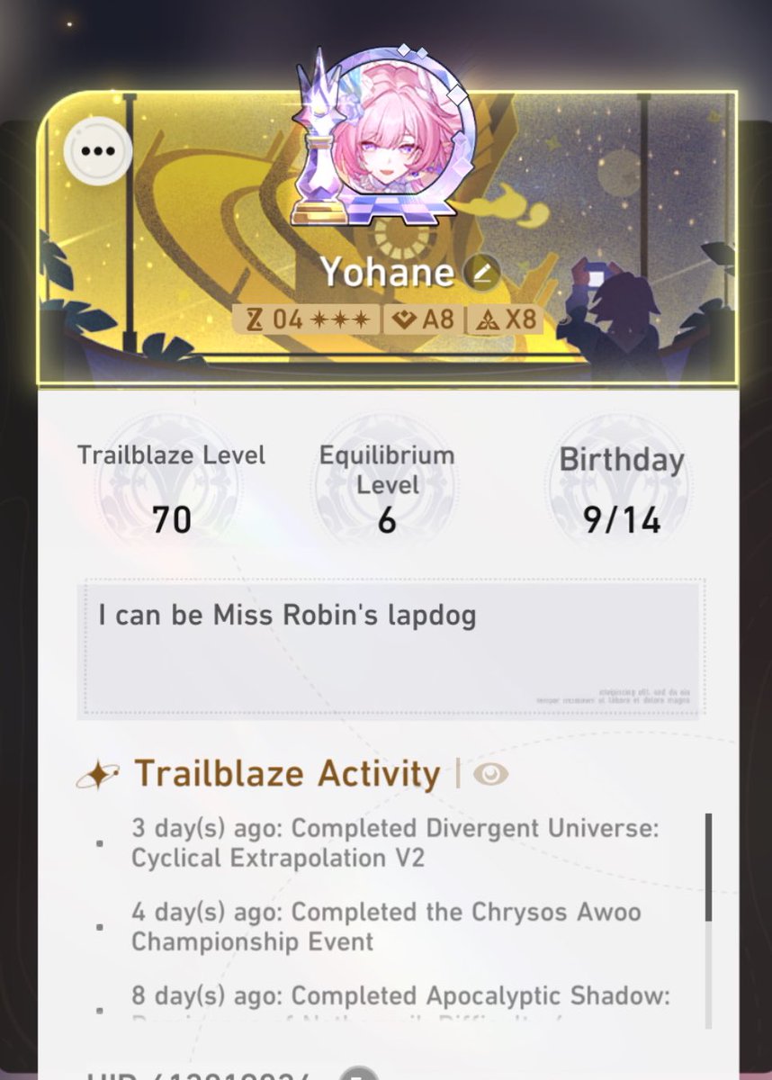 Lo único que voy a extrañar del parche 3.8 es mi marco del 0-cycle del Anomaly Arbitration 🥀🥀

#HonkaiStarRail