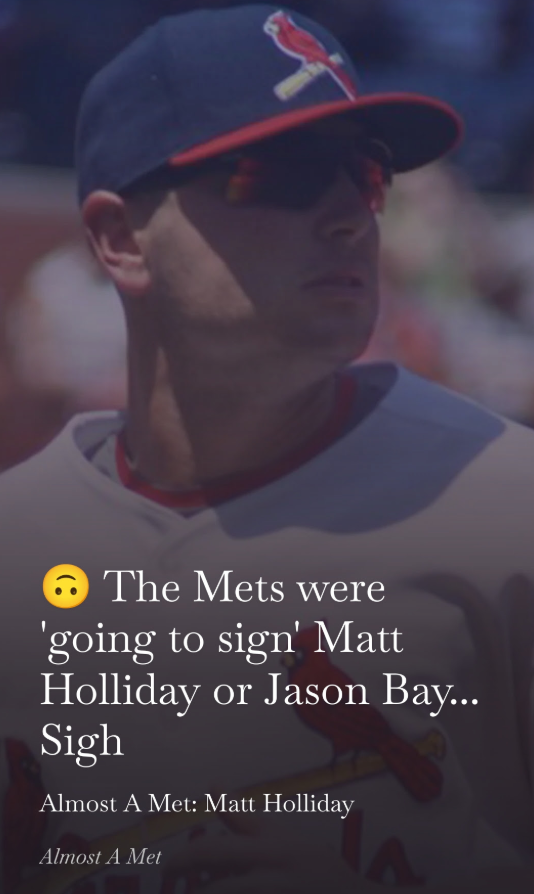 Today’s newsletter is out! One former #Mets front office executive said the team was “going to sign” either Matt Holliday or Jason Bay. They chose Bay. We all know how that turned out. Check it out here: almostametnewsletter.substack.com/p/matt-hollida…