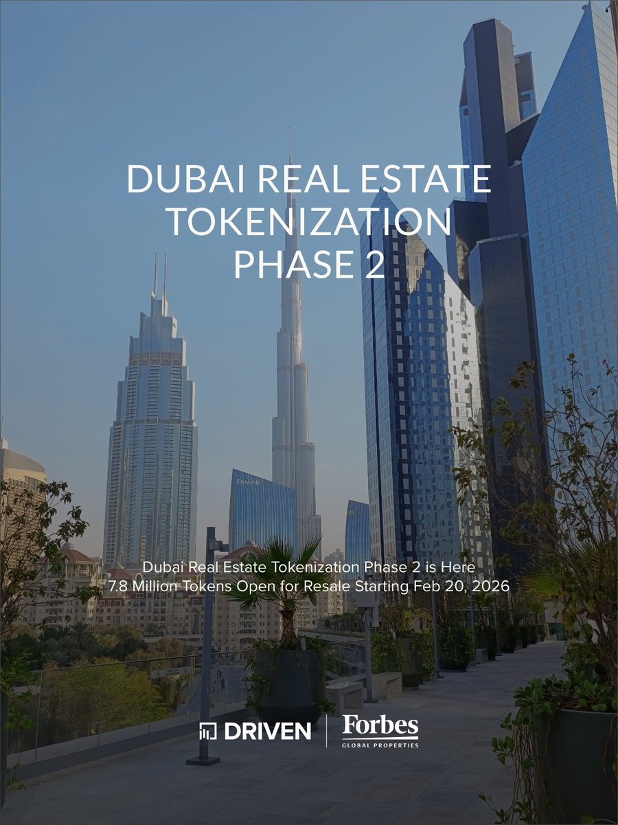 DrivenRE's tweet photo. Dubai Real Estate Tokenization Phase 2 launches February 20, 2026—7.8 million tokens open for resale. Phase 1 sold out in under 2 minutes with investors from 44 nationalities. The future of property investment is here.

Ready to explore tokenized real estate? Contact Driven today to learn how you can invest. 

Read the full article here: https://t.co/9ULZ2w8vJO