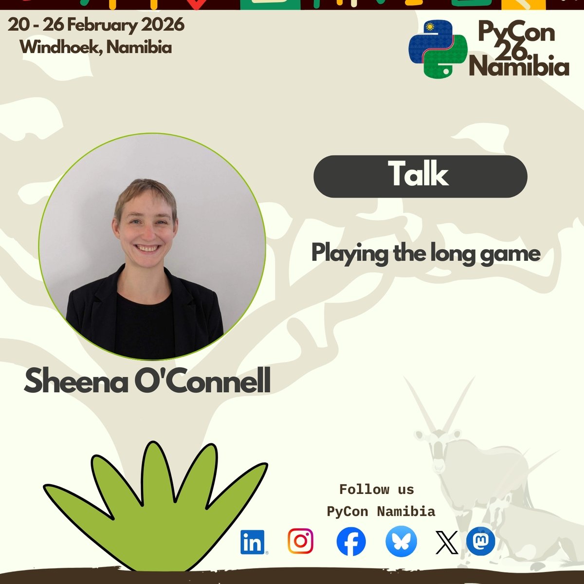 PyConNA's tweet photo. 🎙️We are pleased to announce that Sheena O'Connell will be joining us as a speaker at #PyConNamibia2026.

Sheena is a Python Software Foundation Board of directors , a software engineer, and educator, focused on helping others succeed in tech🐍 https://t.co/hl9AZkqIcU