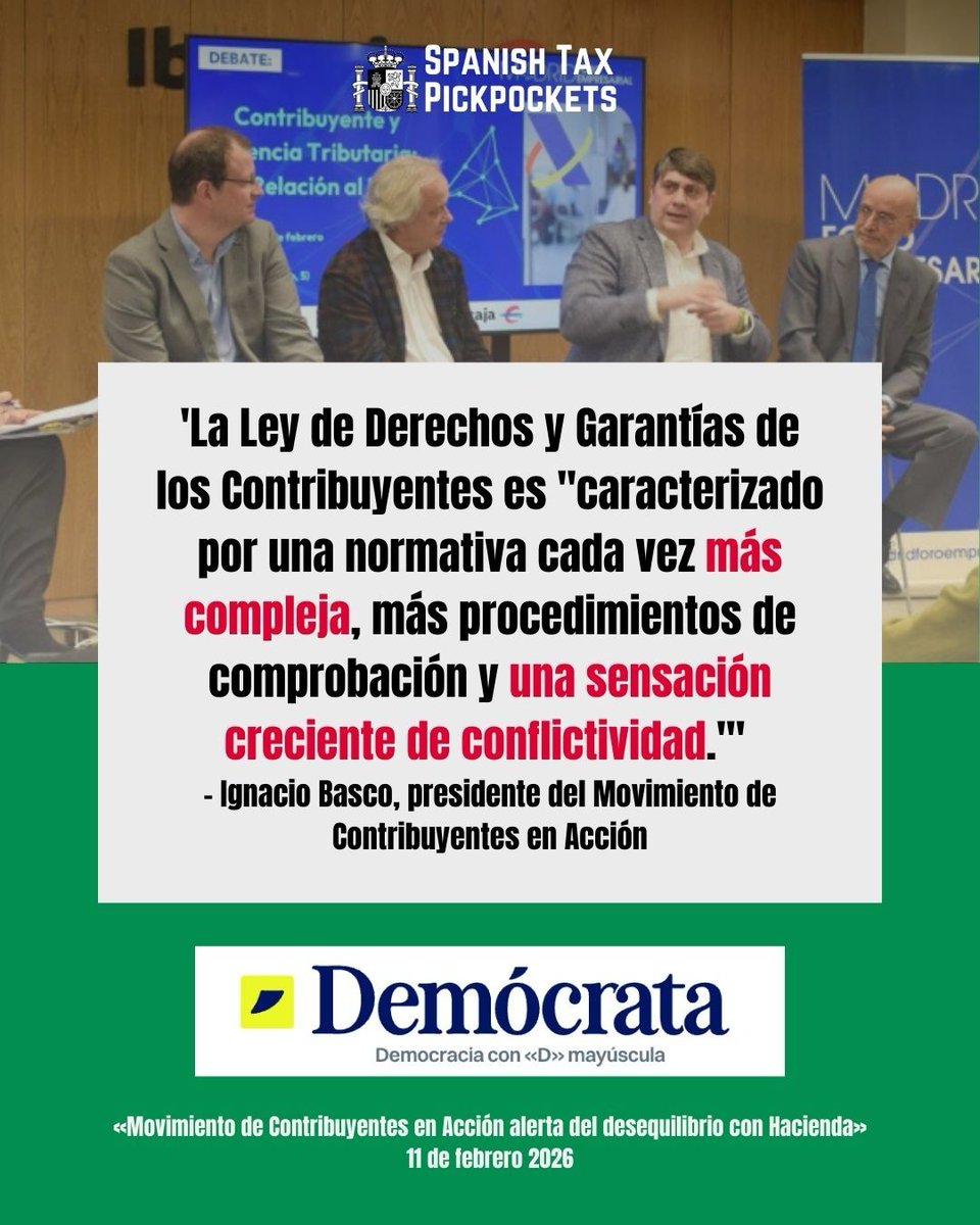 SpanishTaxTheft's tweet photo. Un colectivo de contribuyentes señala un desequilibrio persistente en la relación con la Agencia Tributaria.
La plataforma pide revisar los mecanismos de control y defensa del contribuyente, según Demócrata. https://t.co/kQDEGo3fUV