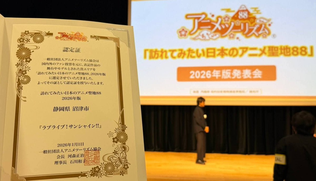 YorishigeNumazu's tweet photo. 沼津市が2026年版『訪れてみたい日本のアニメ聖地88』に9年連続で認定されました！！

沼津市は『ラブライブ!サンシャイン!!』の聖地として、国内のみならず、世界各地のファンの皆様から、熱い支持を集めています！！

2018年版から続くこの快挙は、ファンの皆様、地域の皆様、制作関係者のご尽力のお陰であり、改めて、心より感謝申し上げます🙏

沼津市としては、これからも訪れるたびに新しい発見と感動がある『愛される聖地』として、沼津市を愛する皆様をお待ちしています！！

☆詳細はこちら⤵
https://t.co/xemU2s8NJY