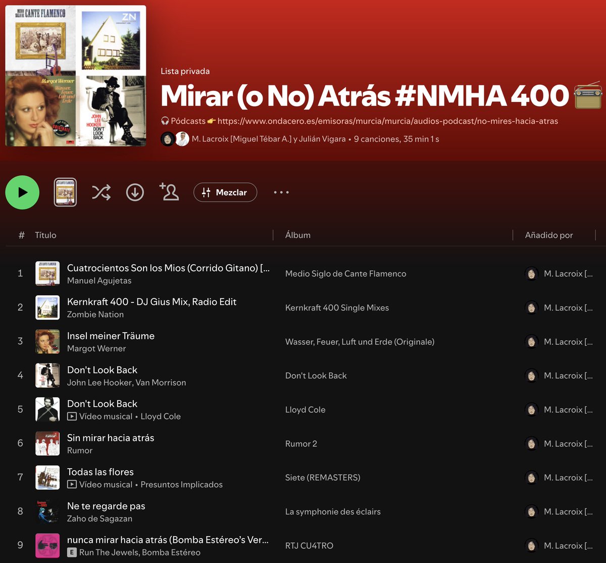 Gracias🙏🏼 x escuchar🎧 pódcast🎙(≈15’’) del #NMHA nº 400📻, especial #NoMirarAtrás🚫🔙, con música: #ManuelElAgujeta #ZombieNation #MargotWerner #JohnLeeHooker #VanMorrison #LloydCole #Rumor #PresuntosImplicados #ZahoDeSagazan #RunTheJewel #BombaEstéreo

bit.ly/NoMiresHaciaAt…