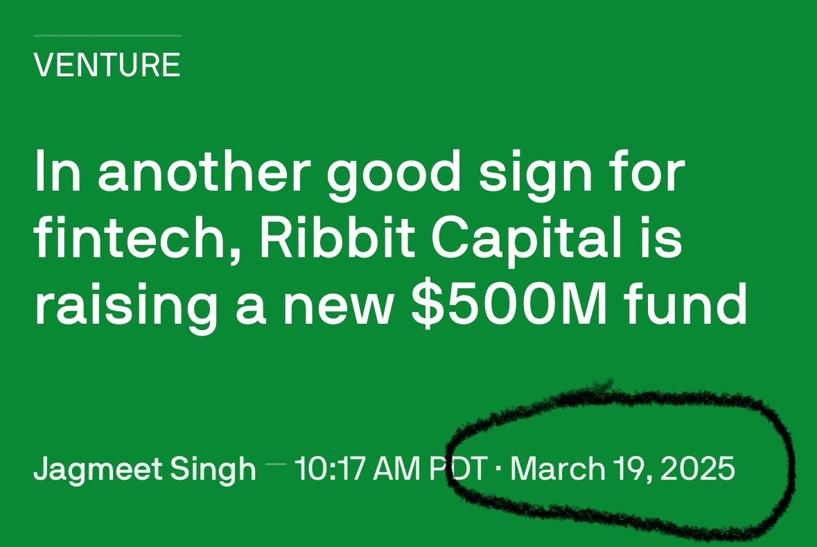 the last time a new $500 million Ribbit fund appeared in SEC filings (March ’25):

- <a href="/mickymalka/">Micky 🐸</a> followed the X account of $TIBBIR ( <a href="/ribbita2012/">ribbita</a> )

- <a href="/everythingempty/">everythingempty</a> (co-founder of Virtuals) quoted Ribbit Capital mantra

- <a href="/privy_io/">Privy</a> announced $15M raise led by Ribbit Capital (3
