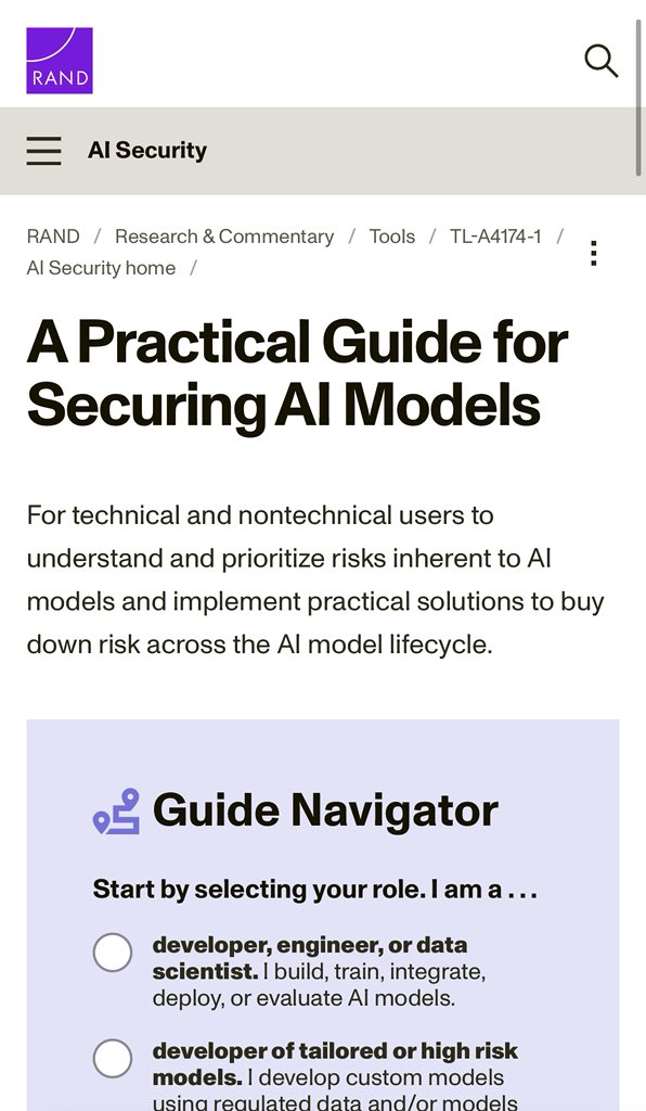 AISecHub's tweet photo. AI Security Guide and Risk Assessment Tool - https://t.co/uzFJRvTnoK by RAND

This guide is a practical, risk-based resource for developers, security experts, and policy professionals navigating the AI security landscape.⁠1 The guide addresses security of AI systems broadly, including machine learning (ML) models and other AI-enabled architectures. Certain sections, such as the threat landscape and model weight protection sections, focus more specifically on statistical, ML-based models. Building on industry best practices and expert insights, the guide helps you understand and manage the security risks associated with AI systems across their lifecycle—from design and development to deployment and operation.