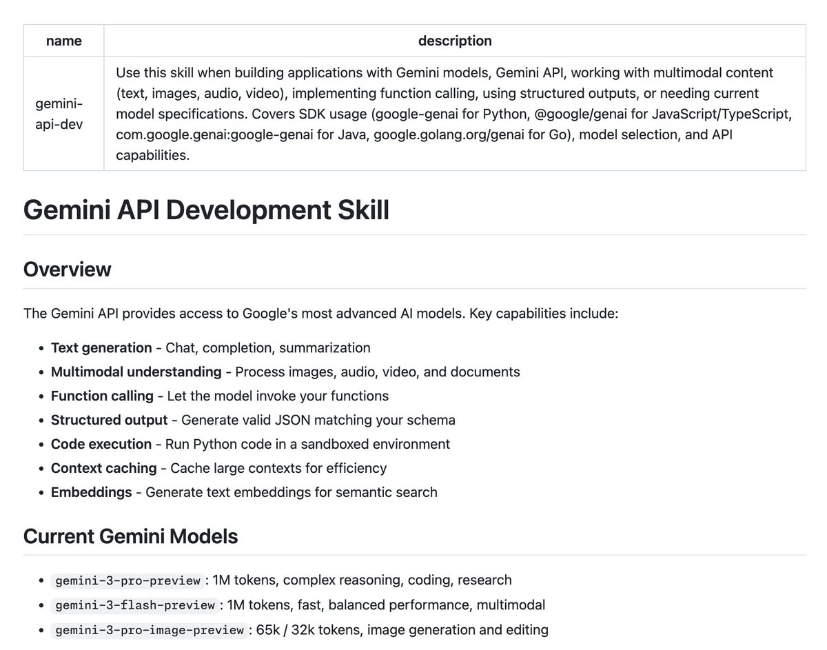 📋 Gemini API skills
> 구글 gemini-skills 공개했네요!
github.com/google-gemini/…

좋은 소식이군요! Gemini CLI를 더 잘 활용하는 방법..

Gemini API와 에이전트 상호작용을 위한 표준 스킬셋이라고 생각해주시면 됩니다.

> npx skills add google-gemini/gemini-skills --list

특히 포함된