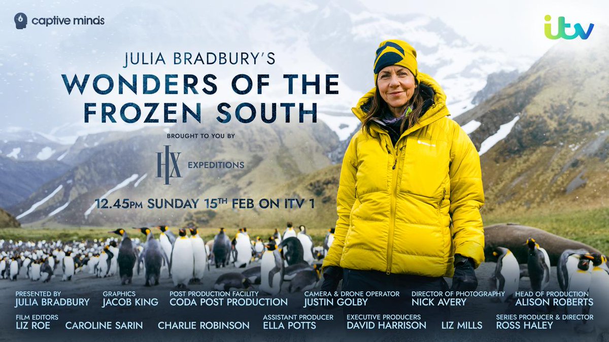 CodaPost's tweet image. We’re delighted to see Julia Bradbury’s Wonders of the Frozen South airing this Sunday on @ITV 1! 🐧📺Huge thanks to @captiveminds for bringing us in for full #PostProduction on this fantastic #Documentary series. 
#CodaPostProduction #AudioPost #PicturePost #FrozenSouth