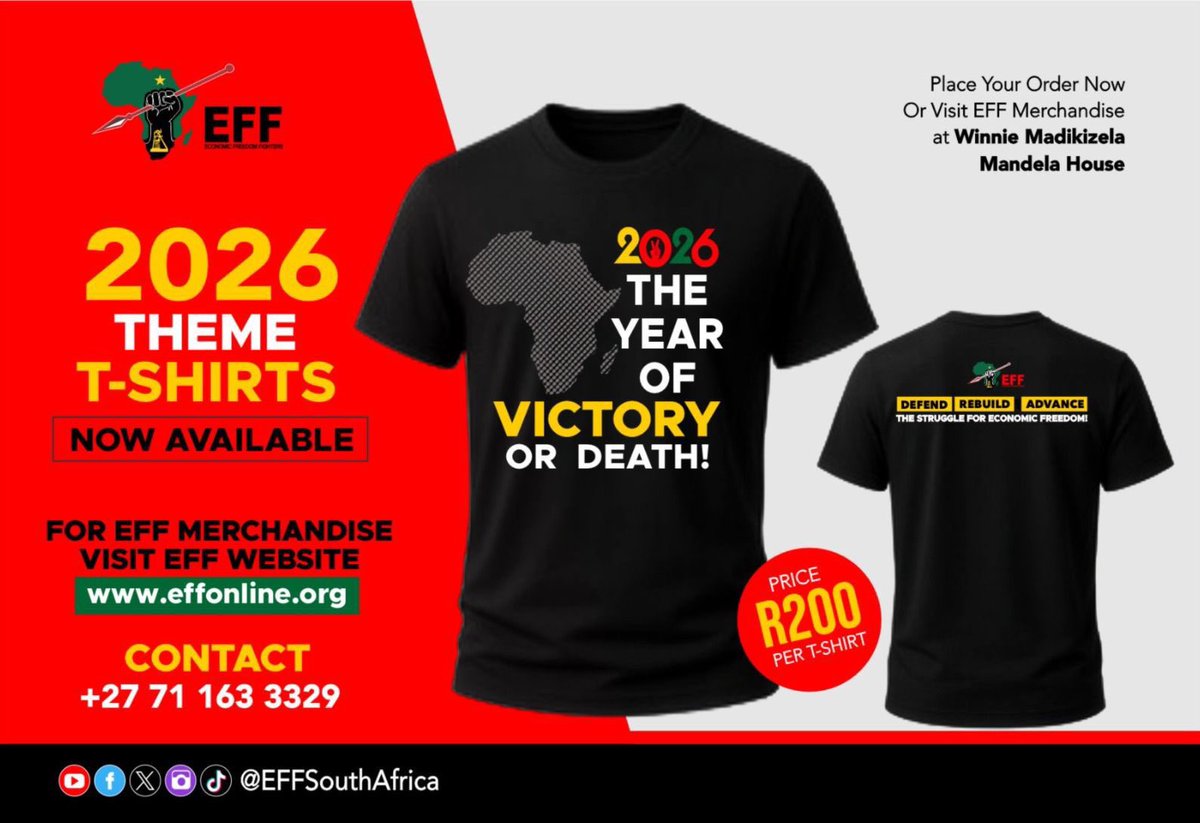 ♦️Merchandise♦️

Purchase the official 2026 theme T-shirts today for just R200!

Get yours at EFF Merchandise, located at Winnie Madikizela Mandela House, or contact 071 163 3329 for more information.