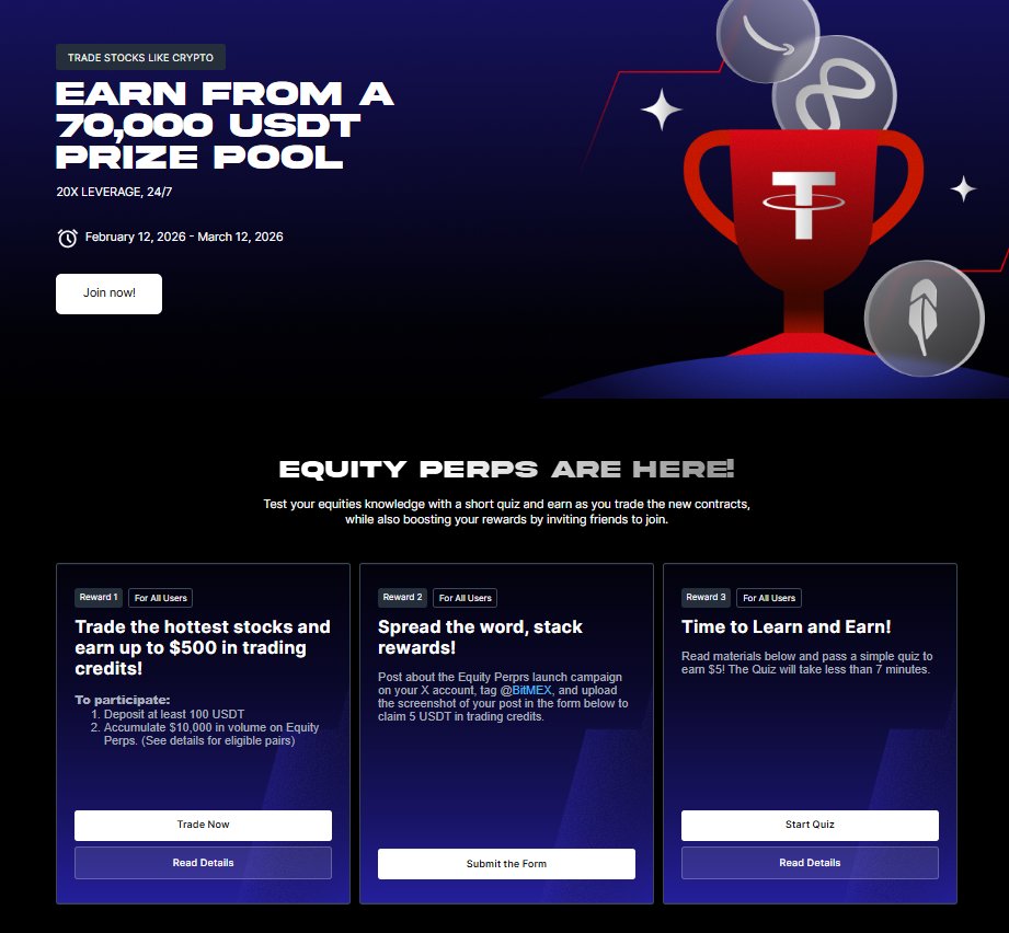 🚀 Free 10 USDT - no deposit required on <a href="/BitMEX/">BitMEX</a> . And up to 500 USDT trading credit (100+USDT deposit). Claim your rewards now!🚀

Register:
👉 bitmex.com/app/register/7…

🎁 Reward 1 - X (Twitter) Post (5 USDT)
1️⃣ Write a post about the launch of equity perpetual contracts on