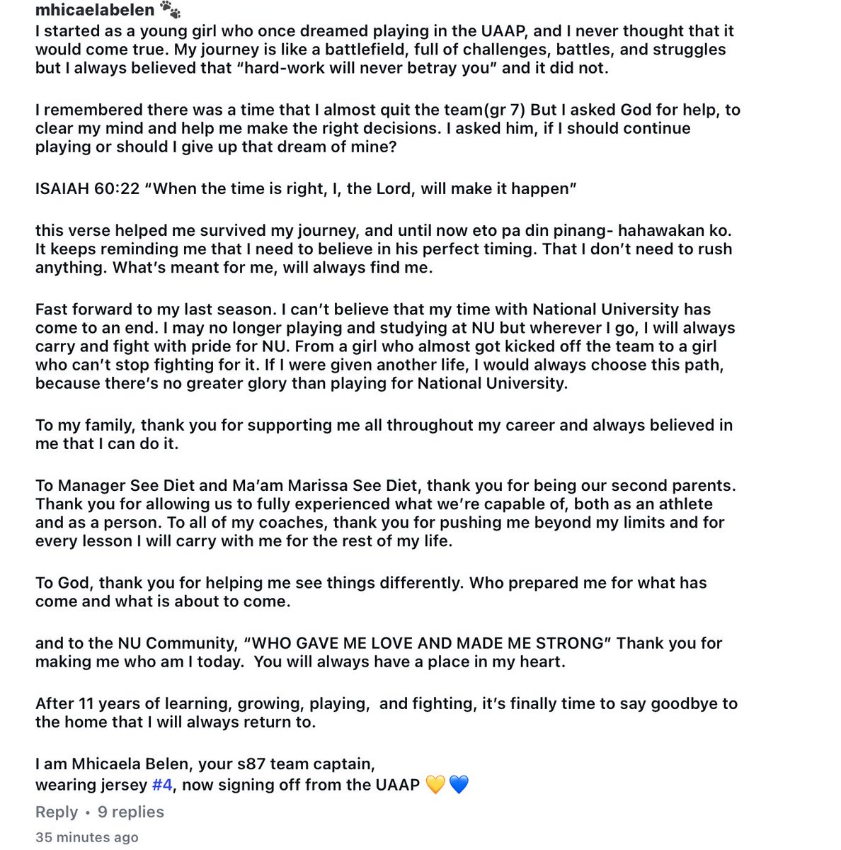 A day ahead of Season 88, Bella Belen bids farewell to the UAAP tareflex.

Belen ends her UAAP junior and senior career as an MVP and a champion. She also made history as the first ROY–MVP in women’s volleyball and the first Nationalian to have her jersey immortalized.

#B3LLA 🐾