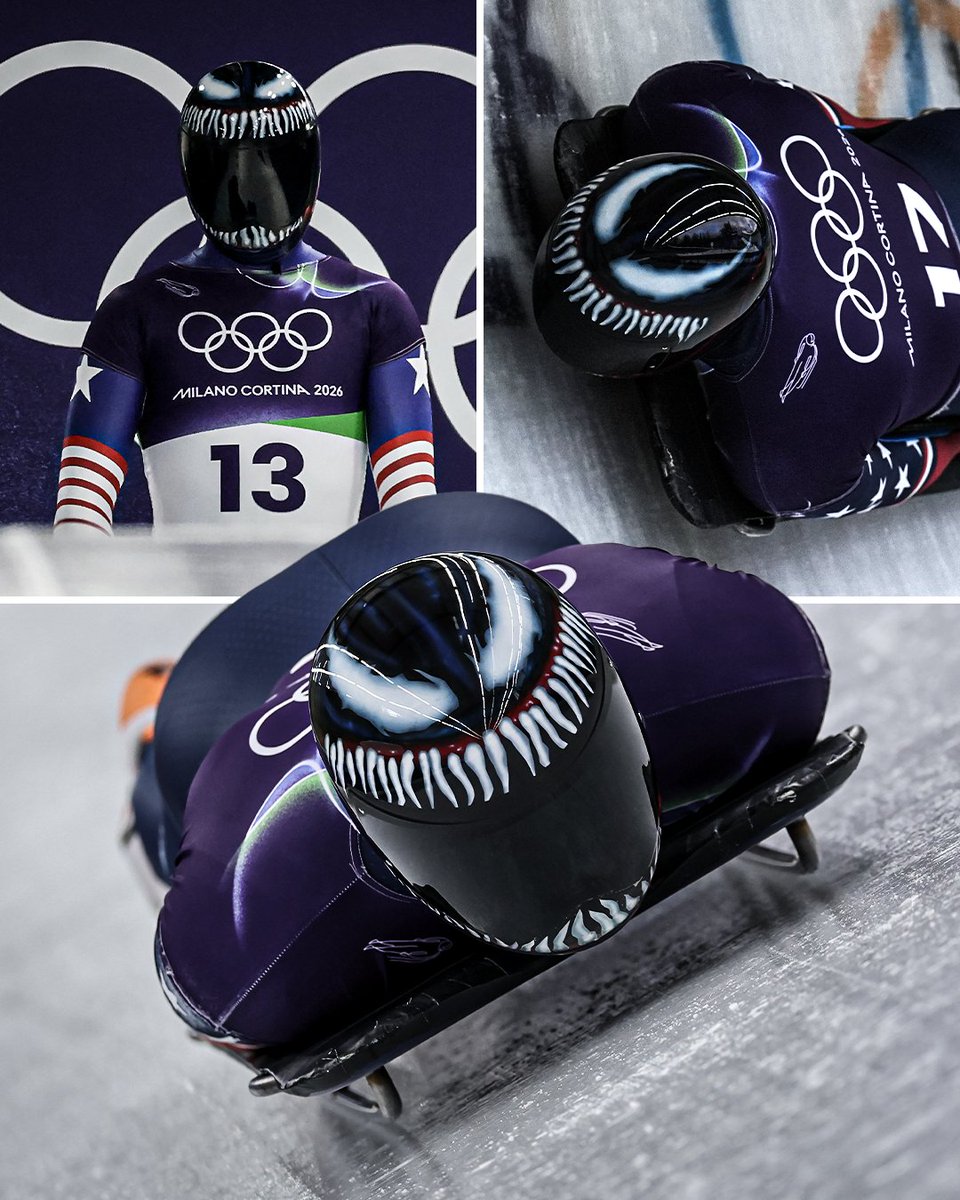 🔥🇺🇸 El atleta estadounidense Austin Florian llamó la atención durante la competencia de "Men's Skeleton competition". al portar un casco con diseño impactante, estilo Venom no pasó desapercibido en la pista.  ❄️🏂