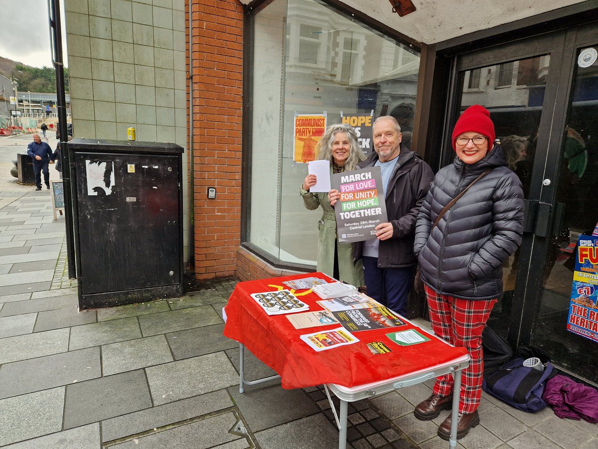 WelshCommunists's tweet photo. Pontypridd @CPBritain members out in town today promoting https://t.co/so8Bxs8zCQ 28 March London demo, distributing Unmasking Reform UK leaflets and @M_Star_Online newspapers #ForLove #ForUnity #ForHope #ForSocialism https://t.co/xffeiXXdx3