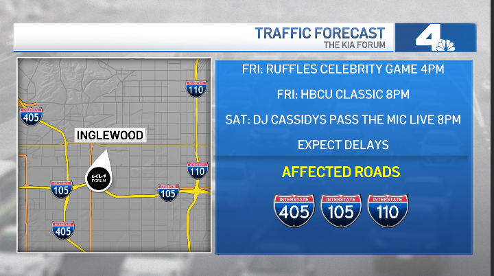 RobinWinstonTV's tweet image. #NBCLA TRAFFIC ALERT: NBA All-Star Weekend
Expect major congestion near Intuit Dome &amp;amp; Kia Forum in #Inglewood, plus heavy traffic around the LA Convention Center in #DTLA. Impacts: 405, 105 (Inglewood) + 110, 10 &amp;amp; 101 (DTLA)Figueroa, Pico, Olympic &amp;amp; LA Live Way. Plan ahead.