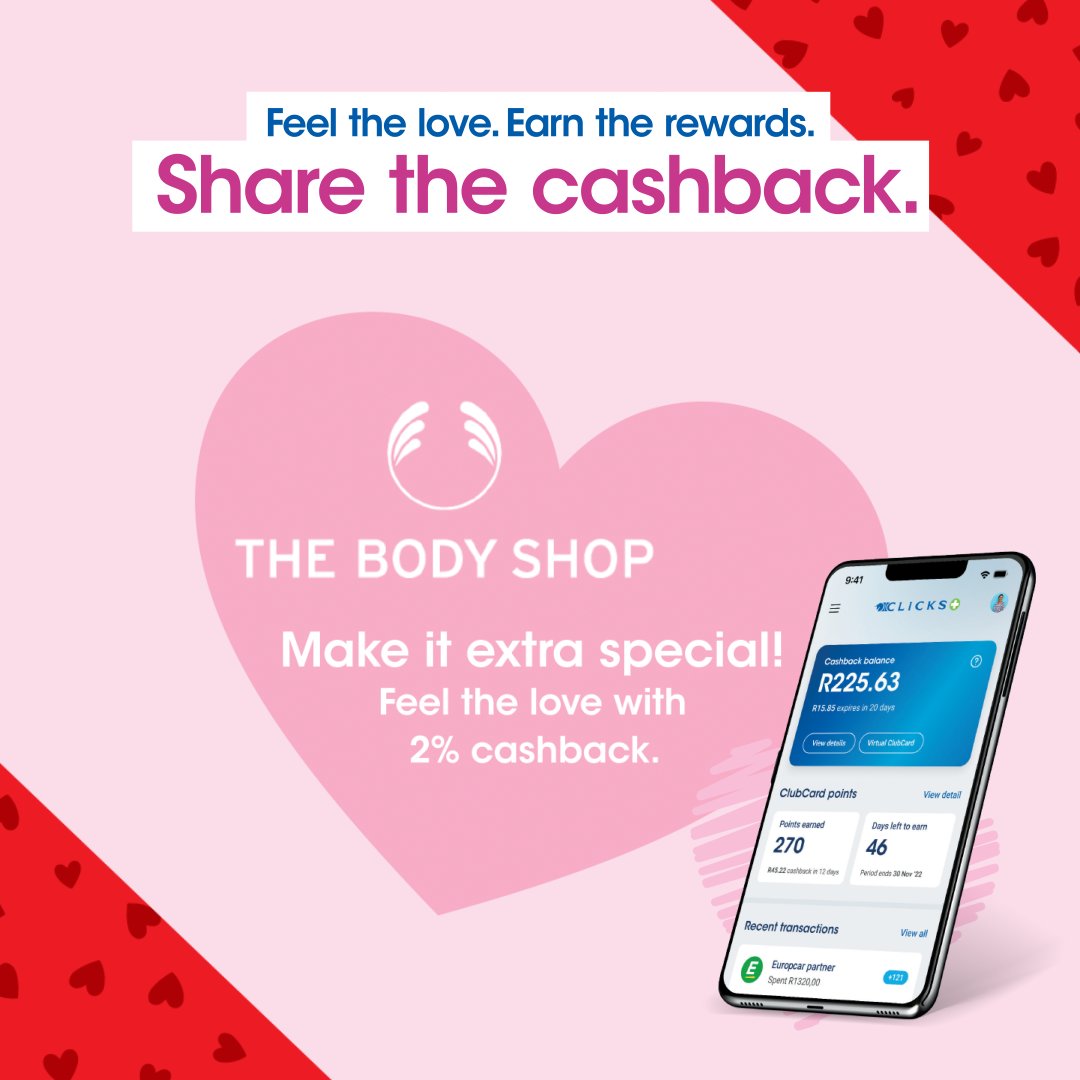 Clicks_SA's tweet image. Gifting just got sweeter! 💝

Make it extra special with The Body Shop gift sets and feel the love with 2% cashback every time you shop.

Cashback that loves you back… swipe your ClubCard! 💸✨

#Clicks #ClicksValentinesDay #FeelTheLove #TheBodyShop