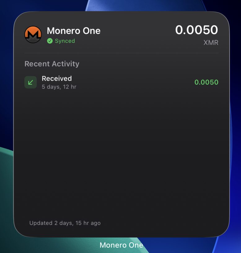 Check your Monero balance without opening the app.

MoneroOne widgets on your Lock Screen and Home Screen. Balance. Recent transactions. Live price.

<a href="/monero_one/">Monero One</a>