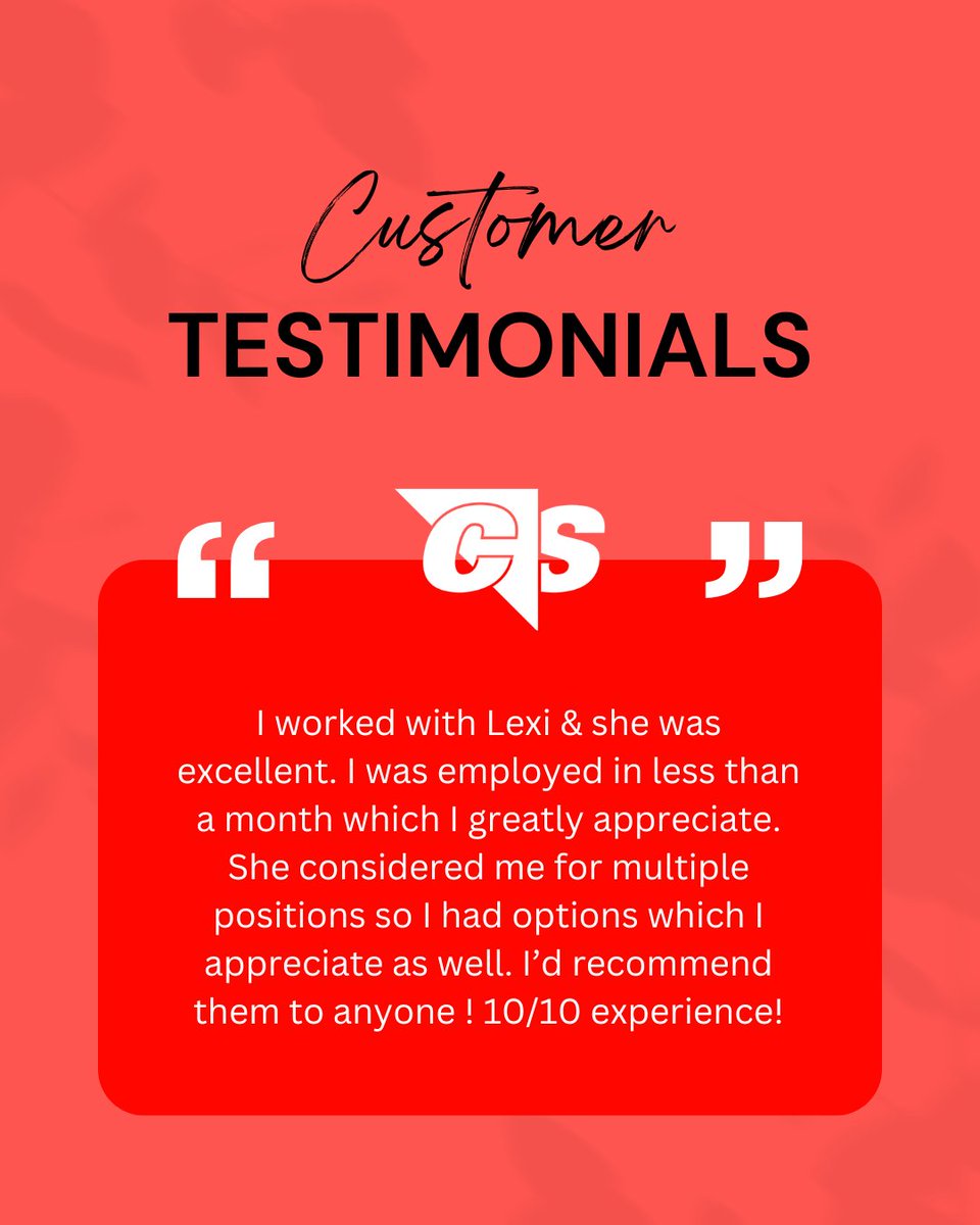 CornerStoneHire's tweet image. Results that speak for themselves.💬 We’re proud to help candidates find opportunities—and clients find the right fit. Thank you for trusting CornerStone Staffing! ⭐⭐⭐⭐⭐
#CustomerTestimonials #CornerStoneStaffing #StaffingSuccess