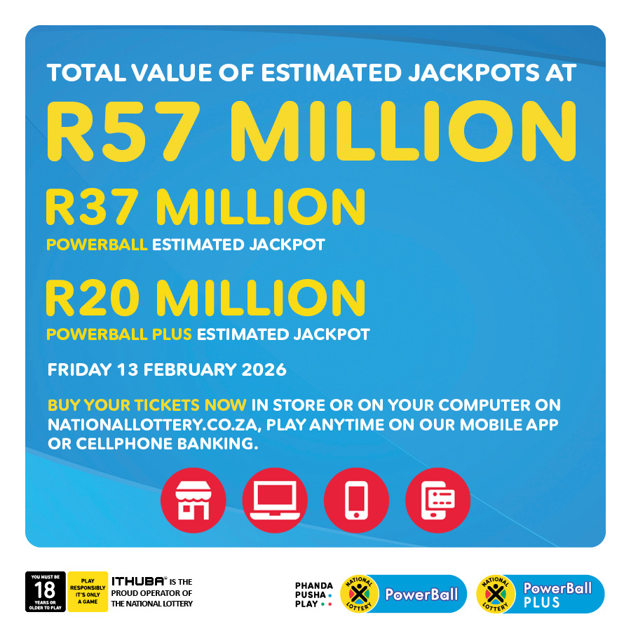 sa_lottery26's tweet photo. Mzansi! Pick your six lucky numbers, &amp; play #PowerBall &amp; #PowerBallPLUS for R57 MILLION in total estimated jackpots this Friday! Play #PowerBall for an estimated R37 MILLION &amp; #PowerBallPLUS for an estimated R20 MILLION today. Buy your tickets NOW!!! https://t.co/l4BHonlG76