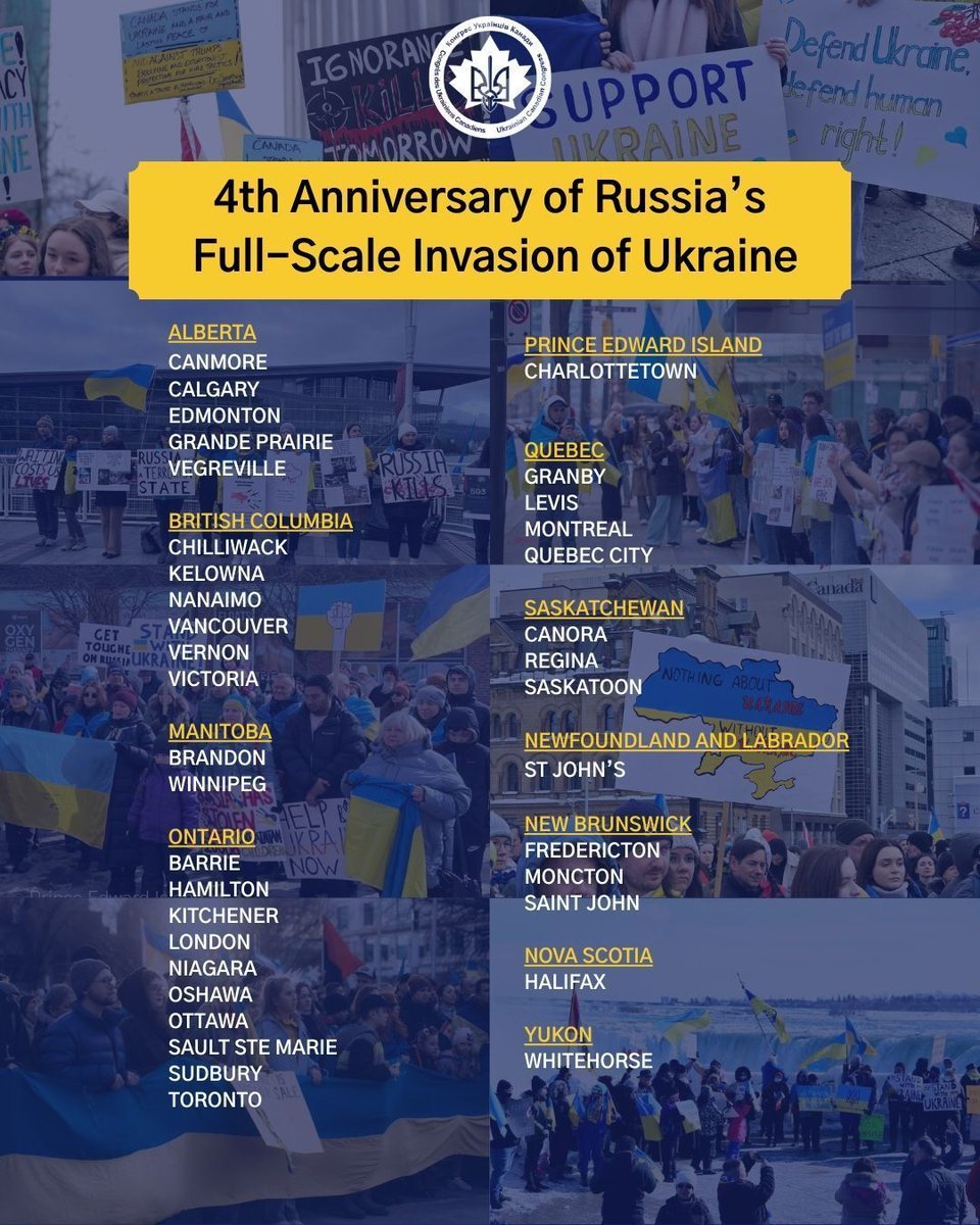 As the 4th year of Russia’s full-scale war against Ukraine approaches, rallies and solidarity events are taking place across Canada. Over 40 events are already on our list—we encourage communities to keep organizing, attending, and adding their events.