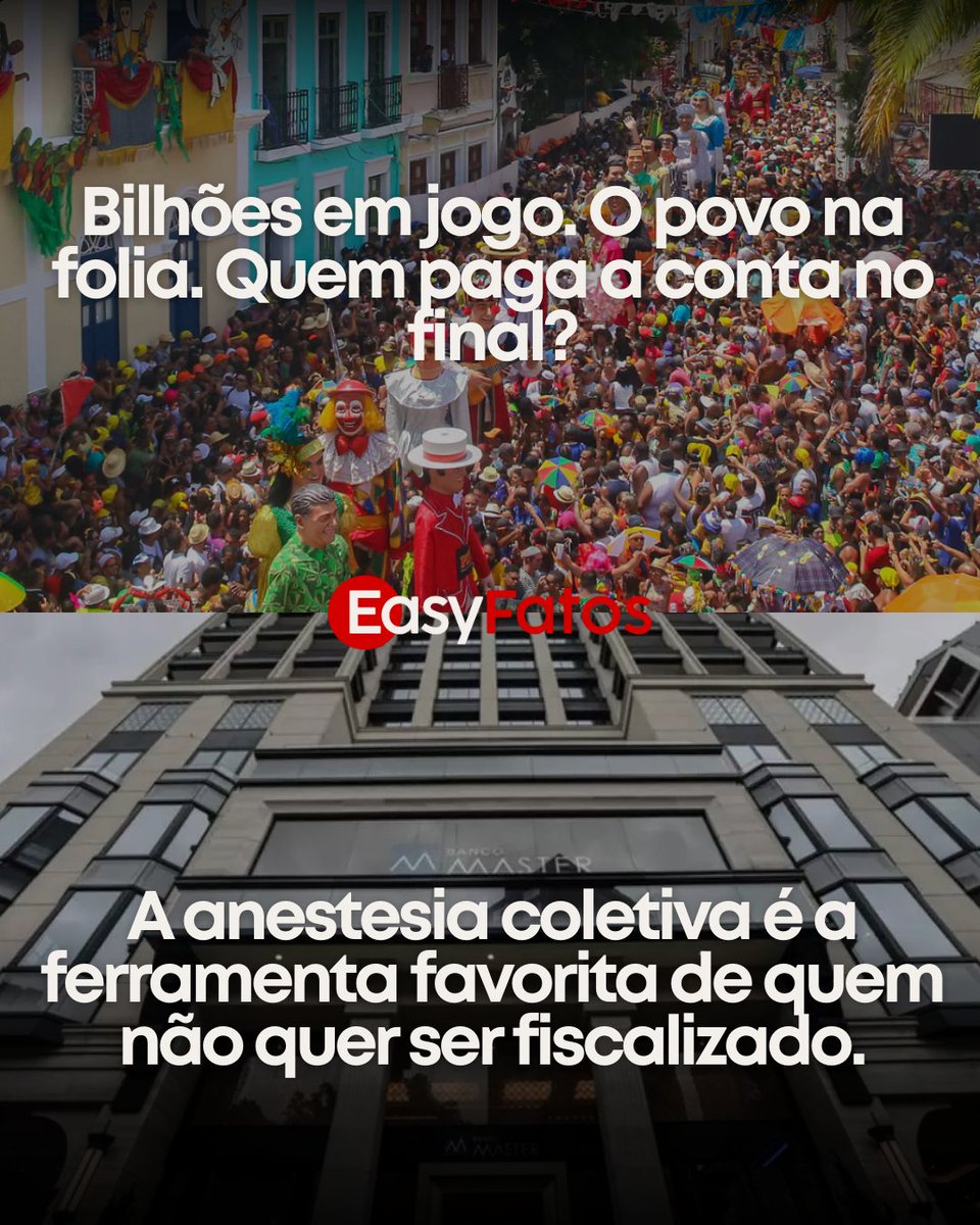 easyfatos's tweet photo. O Brasil não vive apenas de corrupção; vive, acima de tudo, de distração. Enquanto milhões de brasileiros ocupam as ruas em busca de alívio e folia, as engrenagens do sistema em Brasília continuam girando com uma eficiência que o cidadão comum raramente vê nos serviços públicos. É a atualização da tática milenar do "Pão e Circo": ofereça a festa e o entretenimento enquanto as decisões que impactam o bolso e a liberdade do pagador de impostos são tomadas no silêncio dos gabinetes.

O padrão é claro. Relatórios de inteligência, como o recente documento da Polícia Federal sobre repasses milionários envolvendo figuras do alto escalão, e decisões judiciais que soltam criminosos de alta periculosidade costumam emergir justamente quando a atenção coletiva está voltada para o próximo bloco. Para o brasileiro que trabalha e produz, o feriado termina na quarta-feira, mas as consequências do que é decidido "na surdina" duram anos.

A anestesia coletiva tem um custo alto, e quem paga a conta é sempre você. Questionar as prioridades do país não é atacar a cultura, mas exercer a fiscalização necessária sobre quem detém o poder. Enquanto a música toca, bilhões estão em jogo e a balança da justiça parece pesar de forma bem diferente para quem faz parte do sistema. Acordar para essa realidade é o primeiro passo para deixar de ser apenas um espectador e passar a ser o verdadeiro patrão da nação.