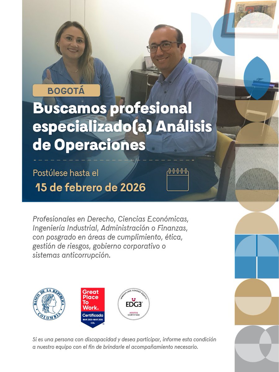 BancoRepublica's tweet photo. ¡Deje su huella en Colombia y conviértase en #TalentoBanRep!
Estamos en busca de profesional especializado(a) Análisis de Operaciones. Postúlese aquí 👉 https://t.co/F79YH8mdET

Las ofertas de empleo del @BancoRepublica son gratuitas y no requieren de intermediarios. https://t.co/znEfM5QkiK