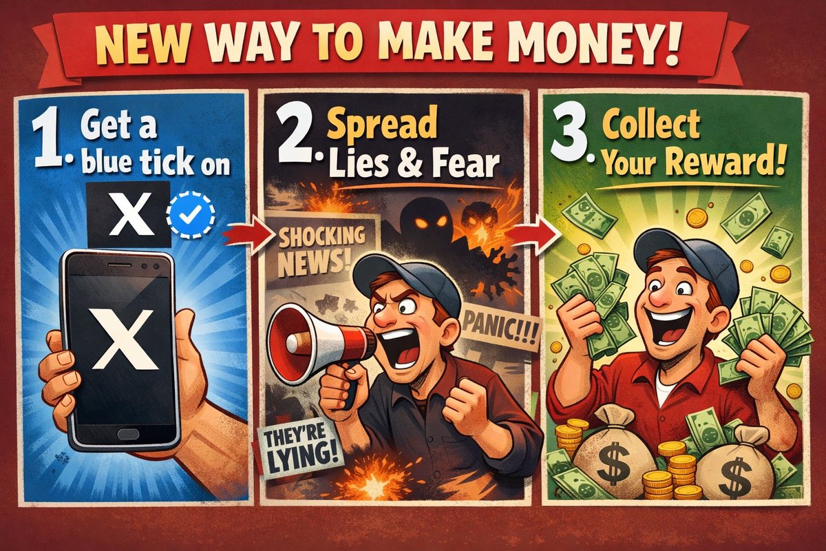 Apparently there is a new way to make money. 
1. Get a blue tick on X
2. Spread lies and fear.
3. Collect your reward.