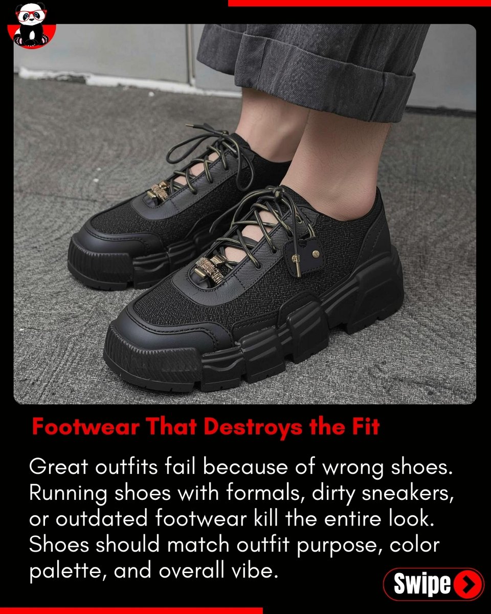 Iamsexypanda_'s tweet image. Oversized gone wrong, bad color combos, and outdated footwear — avoid these style killers if you want a sharp, confident appearance. 

 #iamsexypanda #MensFashion2026 #StyleMistakes