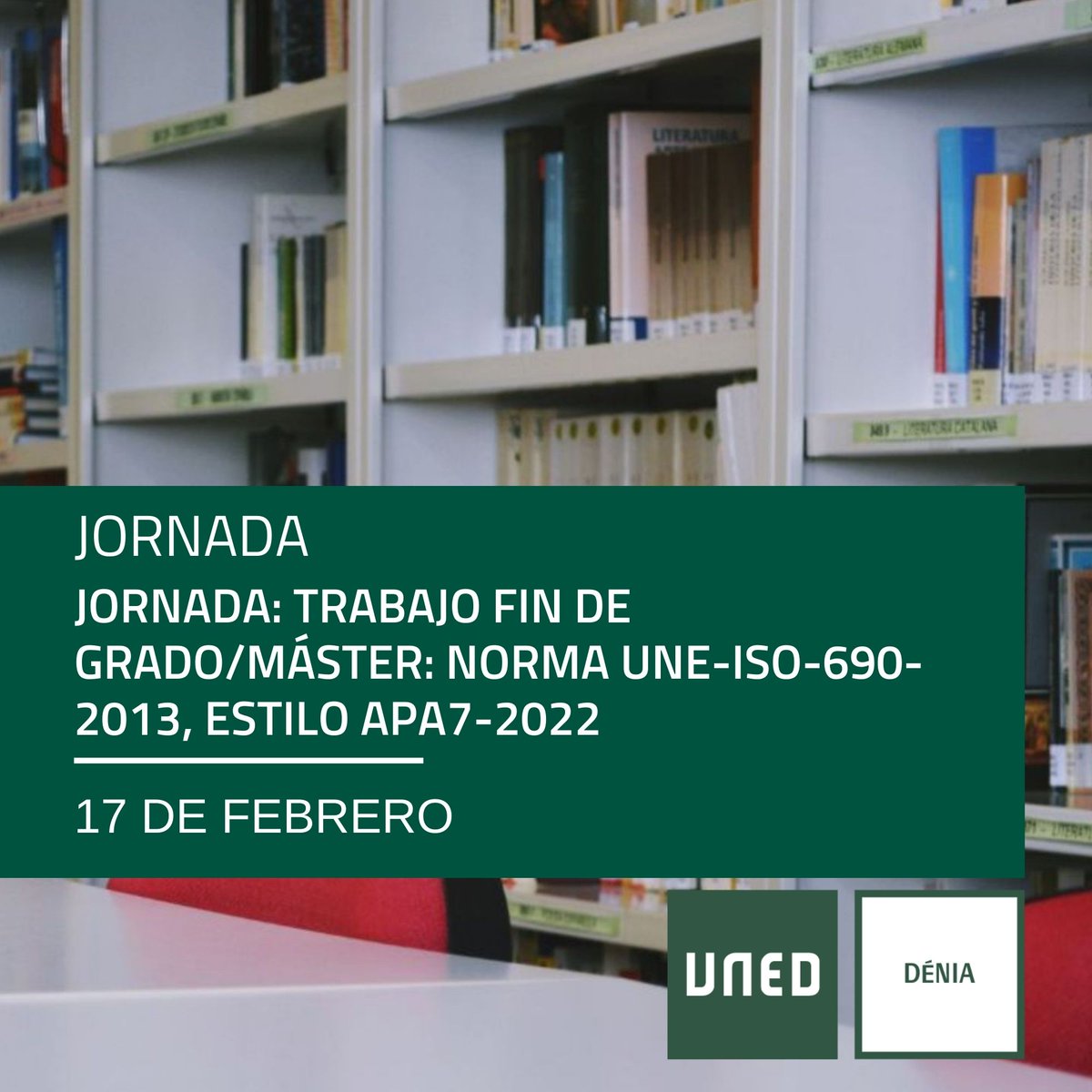 📝 #UNEDDÉNA organiza la jornada "TRABAJO FIN DE GRADO/MÁSTER: NORMA UNE-ISO-690-2013, ESTILO APA7-2022",

📆 17 de marzo
⏱️ a partir de las 10h
👥 presencial y 💻 online en directo y en diferido
➕ℹ e inscripción extension.uned.es/actividad/4959…

#TFG #TFM