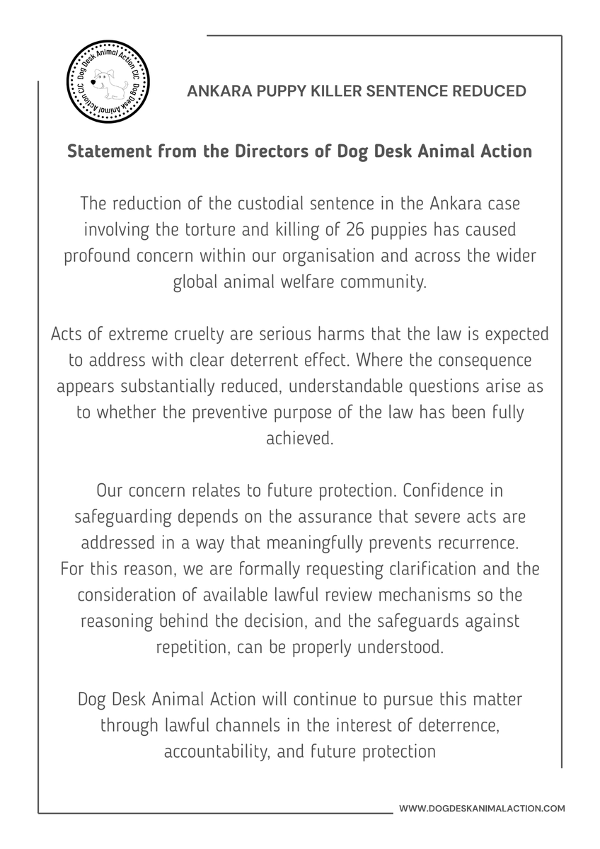 Our Directors have issued a statement regarding the reduced sentence in the Ankara puppy killer case.

You can add your name to the collective letter here:
 dogdeskanimalaction.com/ankarapuppykil…

#AnkaraPuppyCase #AnimalWelfare #TransparencyMatters