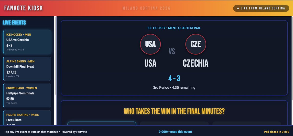 FanVote kiosk - alpha v0.13 - Winter Games 2026 -
yellow-bird.tech/POC/Kiosk/wint…