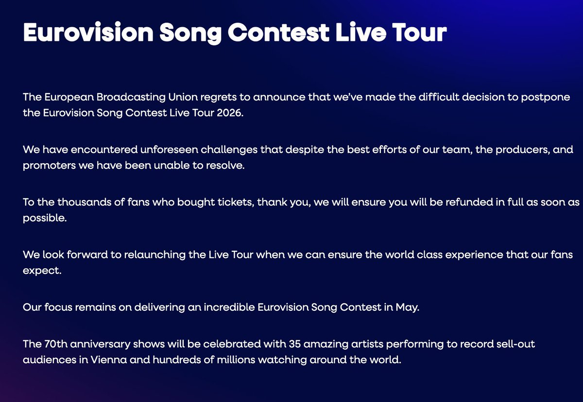 ❌ Cancelan el Eurovision Live Tour, debido a la drástica bajada de interés en el Festival. 

La marca Eurovision afronta una época en la UCI que se agrava con la suspensión del tan anunciado Tour, que no ha conseguido vender apenas entradas.