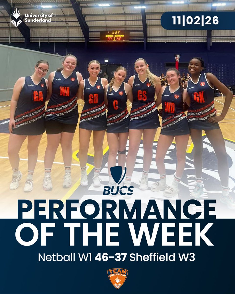 BUCS Wednesday | Performance of the Week 

Netball W1 are awarded Performance of the Week for their outstanding 46-37 victory away to Sheffield W3 👏 

With just seven players available they returned to Sunderland with a well earned win 💪🏻 

#WeAreSun #Belong