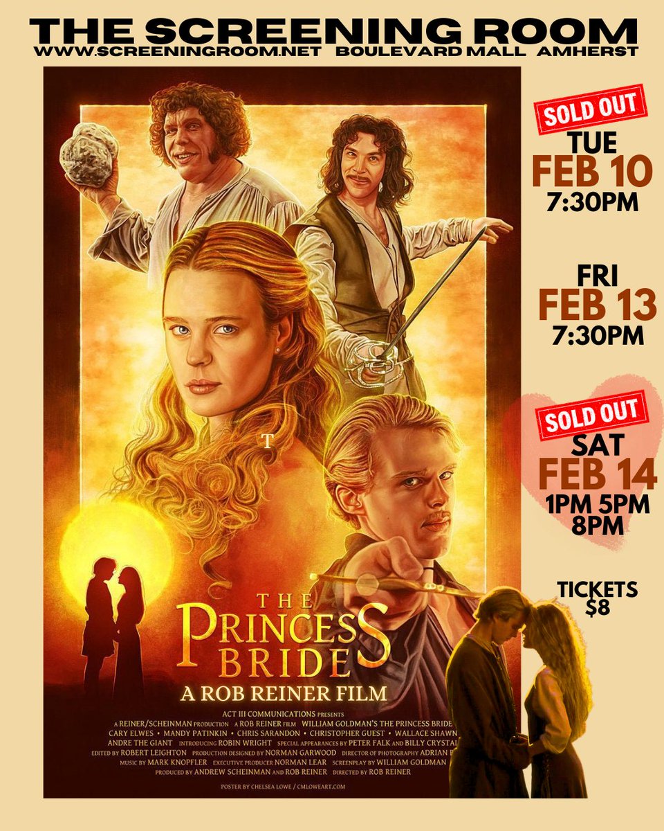 2 COUCHES NOW AVAILABLE for tonight's show of PRINCESS BRIDE!  Go to screeningroom.net / 716-837-0376 for tickets.  Boulevard Mall in Amherst